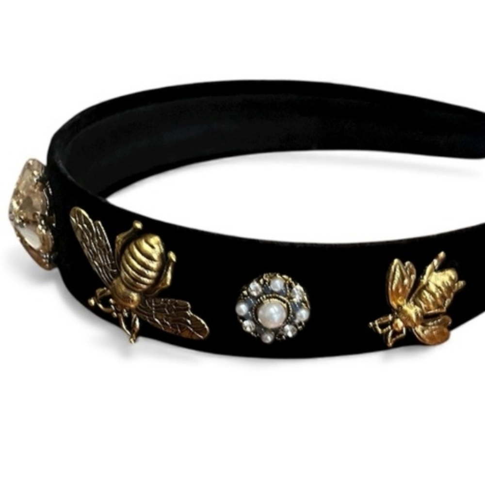 Black Velvet Headband Baroque Gold Bee & Flower Crystal Charms Hair Accessories - Picture 3 of 5
